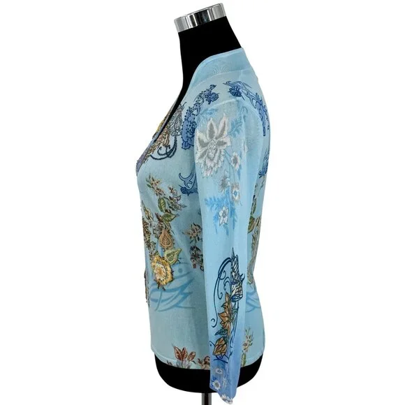 Vtg Alberto Makali Embroidered Floral Beaded Sequin Blue Knit Top M | Boho Indie - Picture 5 of 16